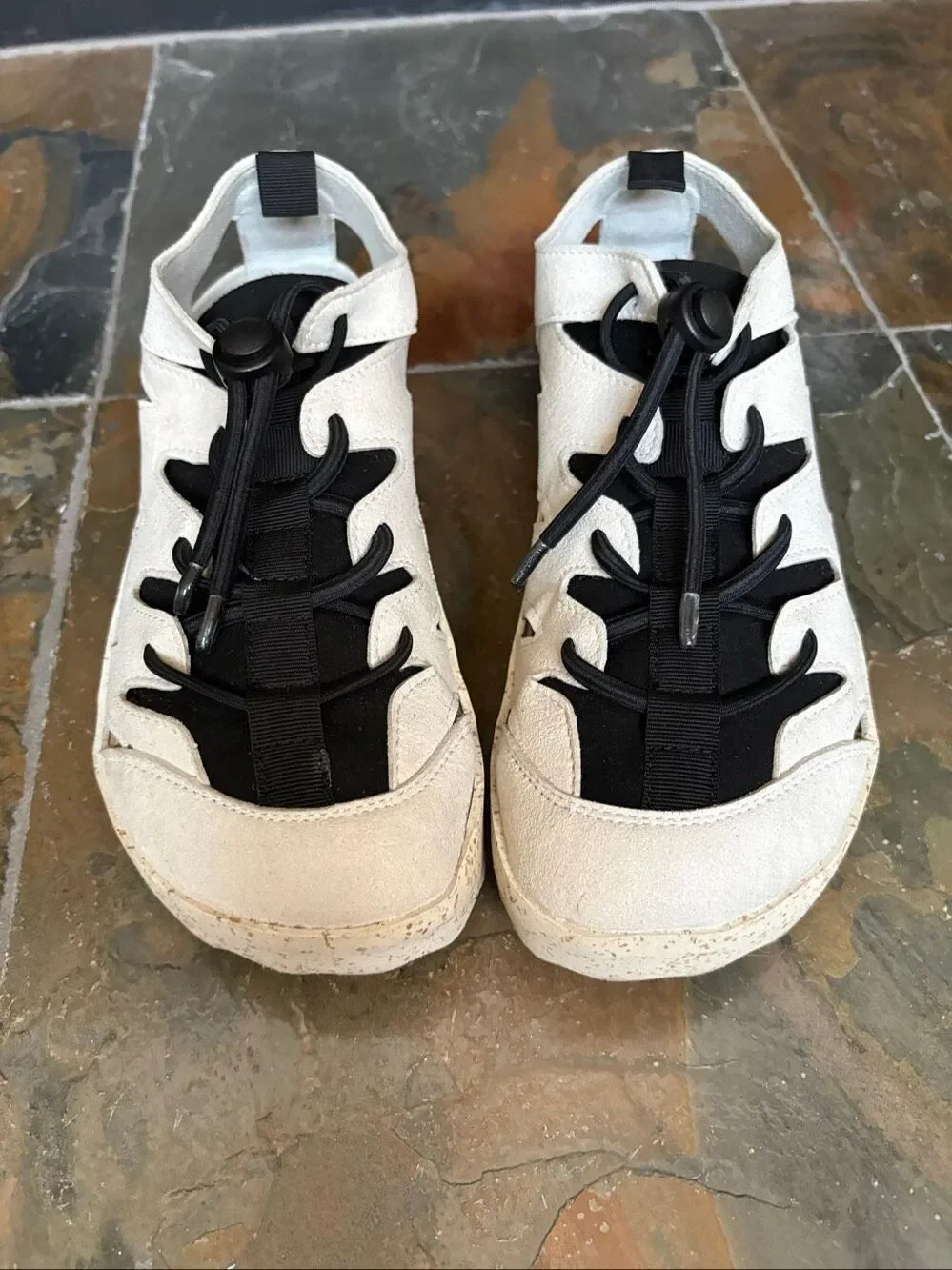 ASPORTUGUESAS Women’s Cutout Suede Sneakers Tan Black Bungee Lace Cork Sole